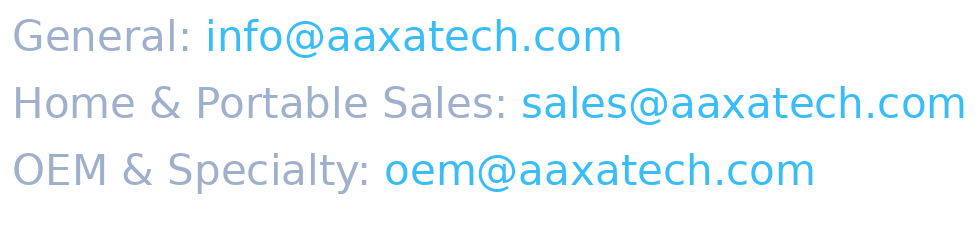 Contact emails: General, Home & Portable Sales, OEM & Specialty