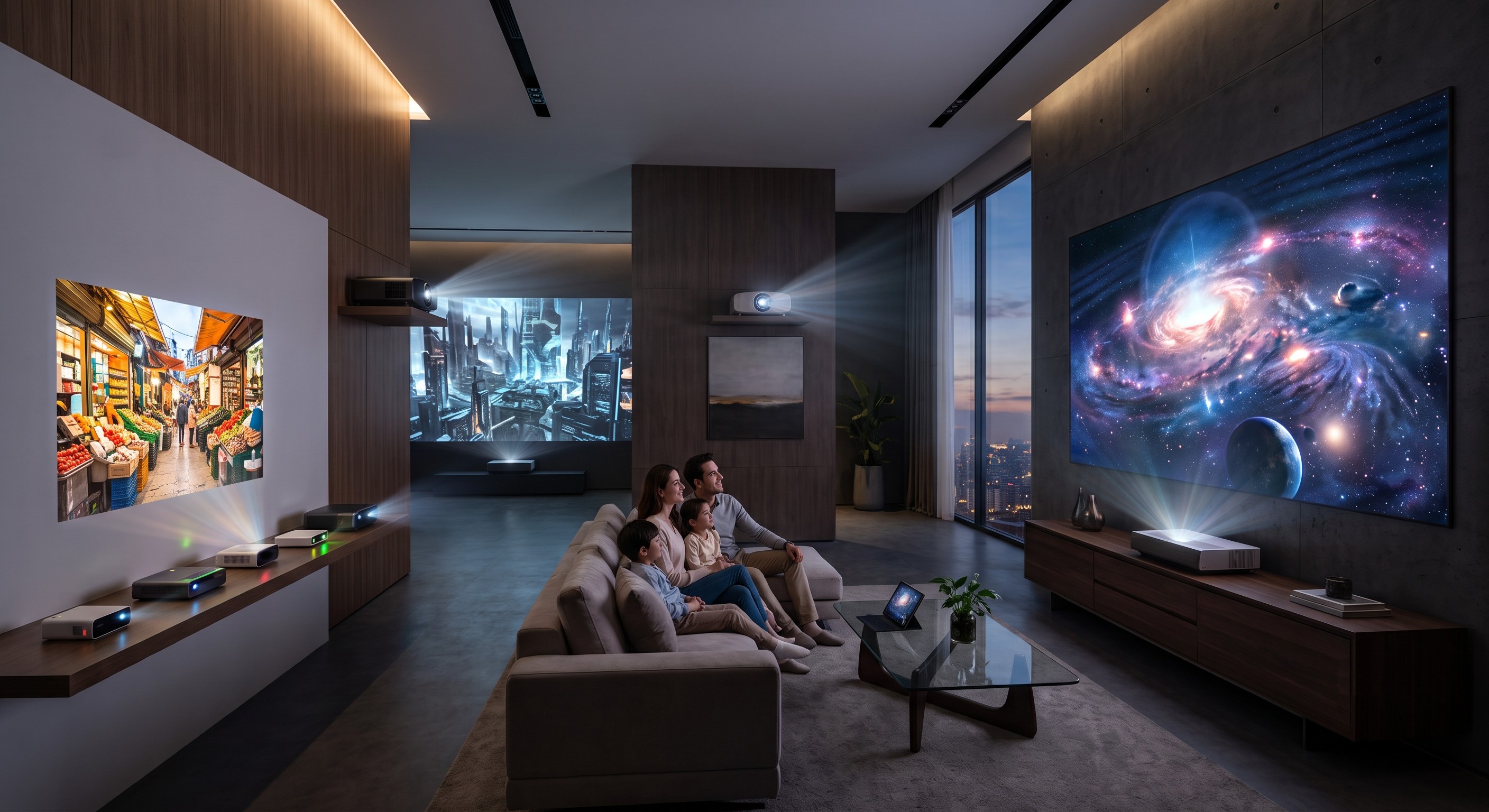 Home theater room with AAXA projectors displaying a market scene and a galaxy image on opposite walls, family watching a sci-fi city scene